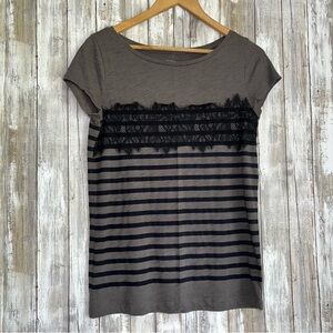Loft Striped Gray Navy Blue Lace Appliqué Tee